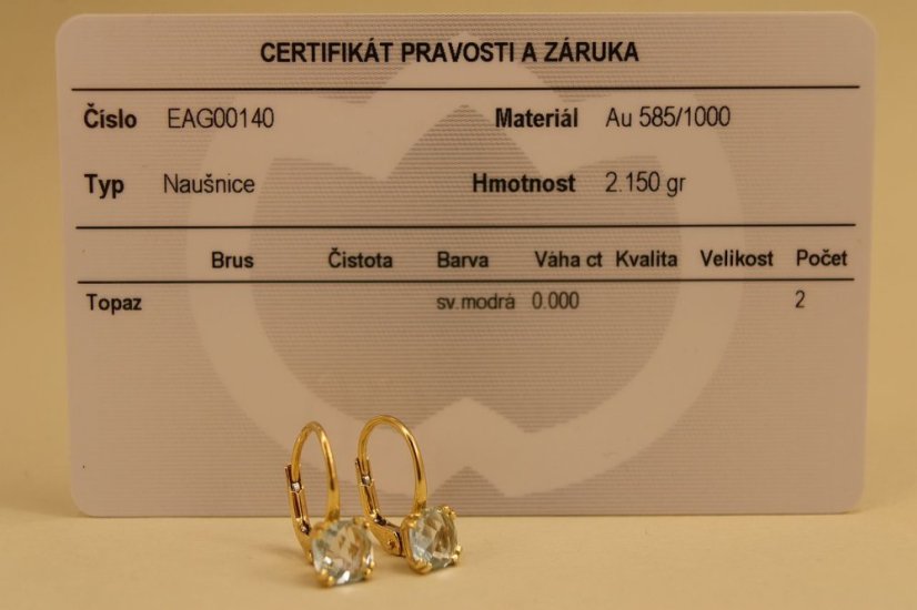 Náušnice-  modrý Topás- patent- žlté zlato- 14 karátov