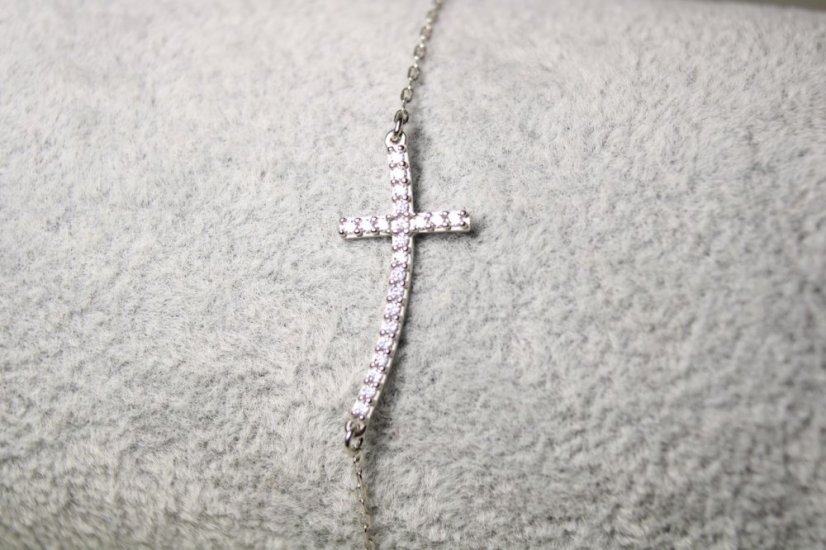 Náramok - biele zlato-krížik-číre zirkóny-14 karátov