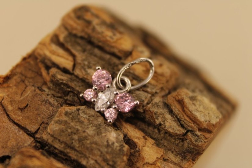 Prívesok- motýlik- číre-rúžové- zirkóny-biele zlato-14K