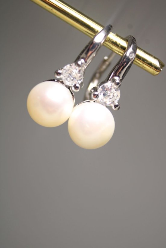 Náušnice -biele perly-číry zirkón-rhodium-patent-striebro