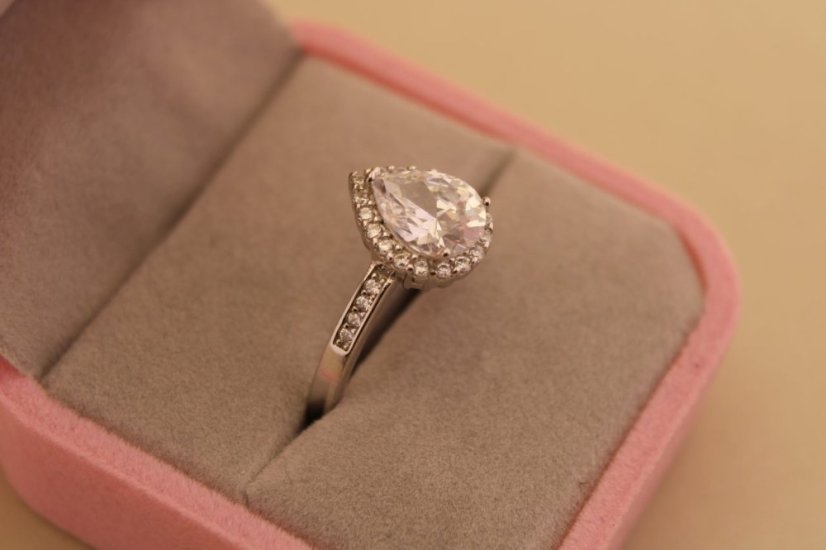 Strieborný prsteň slza - Číry zirkón - 925 - rhodium