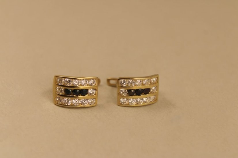 Náušnice -číre-čierne- zirkóny- francúzsky patent- žlté zlato- 14K