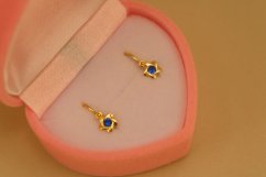 Detské náušnice -kvietky-modrý zirkón-žlté zlato-brizúra-14 karátov