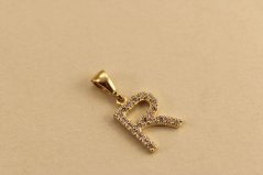 Prívesok - písmeno R - číre zirkóny - žlté zlato - 14K