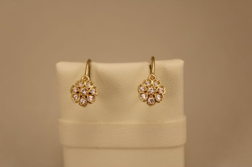 Náušnice-kvietky-číry zirkón- brizúra- žlté zlato- 14 karátov