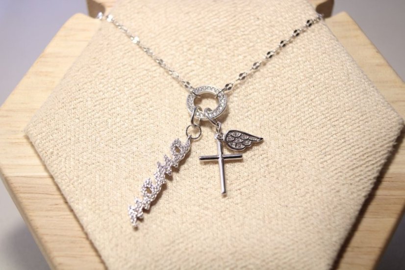 Náhrdelník-Mama- anjelské krídlo- krížik-zirkóny- rhódiované striebro
