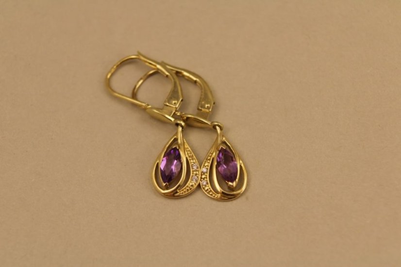 Náušnice-Ametyst-diamanty 0,016 ct-PK/W-patent-žlté zlato-14 karátov