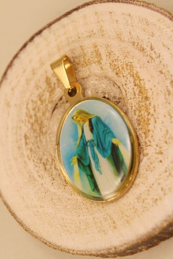 Prívesok-farebná Panna Mária- pozlátená chirurgická oceľ