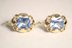 Náušnice-modro-fialový zirkón- žlté zlato- 14 karátov