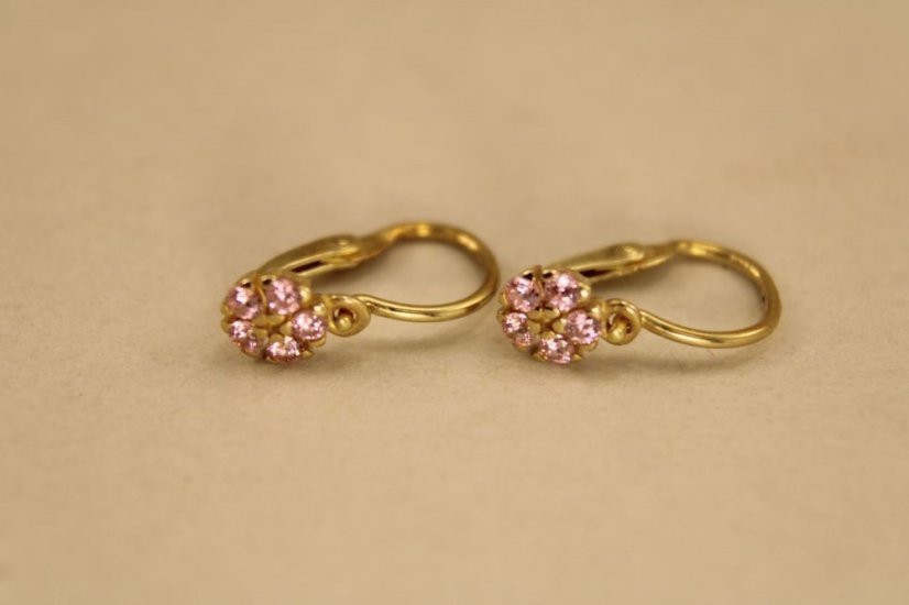 Náušnice-kvietky-rúžový zirkón- brizúra- žlté zlato- 14 karátov