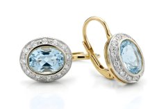 Náušnice- modrý Topás- číre zirkóny- patent- viacfarebné zlato- 14 karátov