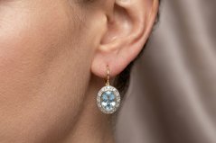 Náušnice- modrý Topás- číre zirkóny- patent- viacfarebné zlato- 14 karátov