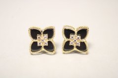 Náušnice- kvety-onyx-zirkón-žlté zlato-puzetky-14 karátov