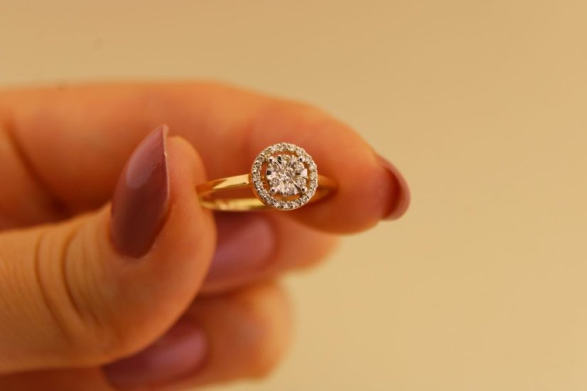 Zlatý prsteň - Okrúhle Brilianty - Žlté zlato - 14k