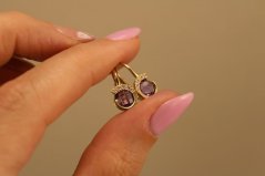 Náušnice - fialový Ametyst - číre zirkóny - patent - žlté zlato - 14K