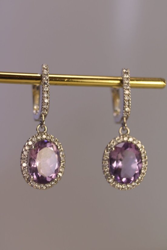 Náušnice- fialový zirkón-číre zirkóny- biele zlato-francúzsky patent-14 karátov