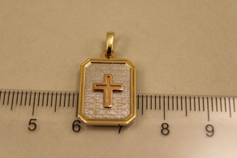 Prívesok-platnička-kombinované zlato-krížik-14 karátov