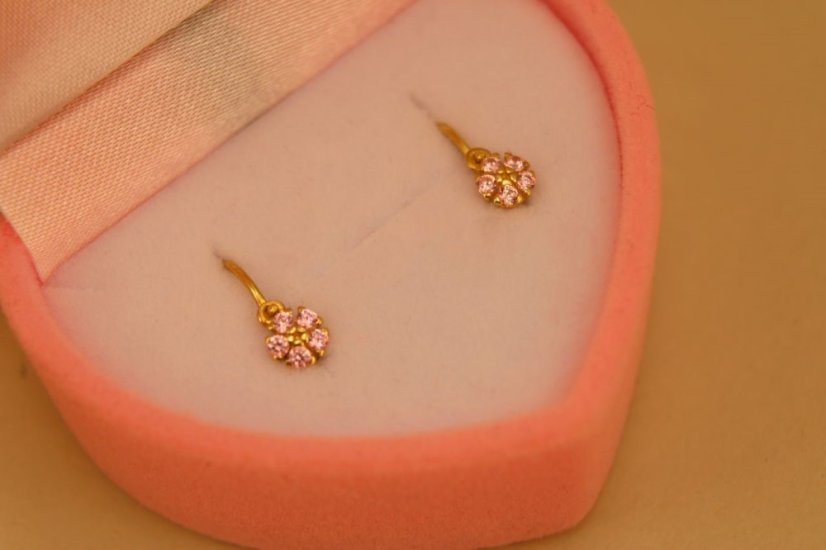Náušnice-kvietky-rúžový zirkón- brizúra- žlté zlato- 14 karátov