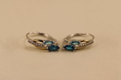 Náušnice- modré a číre zirkóny- patent- rhódiované striebro