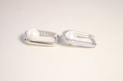 Strieborné oválne náušnice zirkónové s bielymi perlami, rhodium, kĺbové zapínanie, 2,50 g, 925/1000