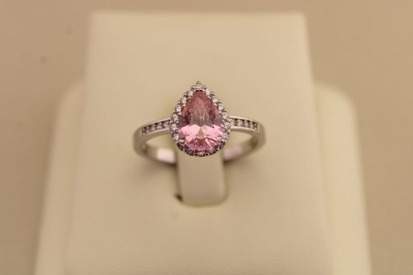 Strieborný prsteň slza - Rúžový zirkón - 925 - rhodium
