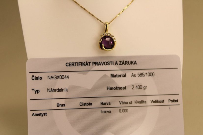Náhrdelník - fialový Ametyst - číre zirkóny - anker - žlté zlato - 14K