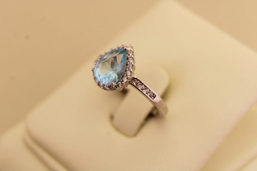 Strieborný prsteň slza - Modrý zirkón - 925 - rhodium