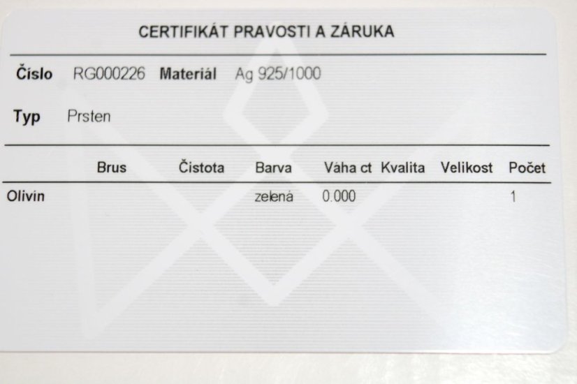 Prsteň- zelený Olivín- číre zirkóny- rhódiované striebro