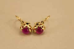 Náušnice - Lienky - sýto-rúžový zirkón - brizúra - žlté zlato - 14K