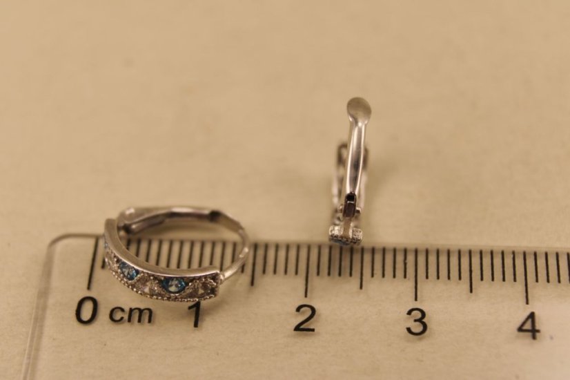 Náušnice-biele zlato-číre a modré zirkóny-patent-14 karátov