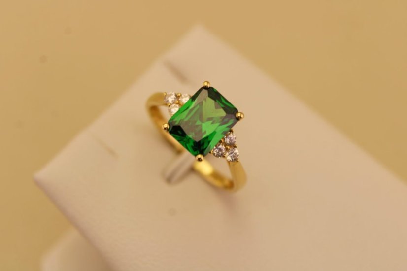 Zlatý prsteň - Štvorcový zelený zirkón - Žlté zlato - 14k