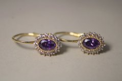 Náušnice-fialový zirkón-žlté zlato-patent-číre zirkóny-14K