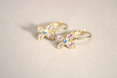 Zlaté náušnice roztomilé motýliky zo žltého zlata, farebné zirkóny,klasické zapínanie, 1,44g, 14K, 585/1000