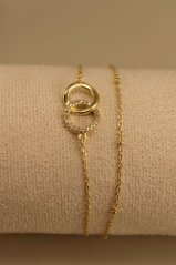 Náramok - prepojené kruhy - číre zirkóny - pozlátené striebro