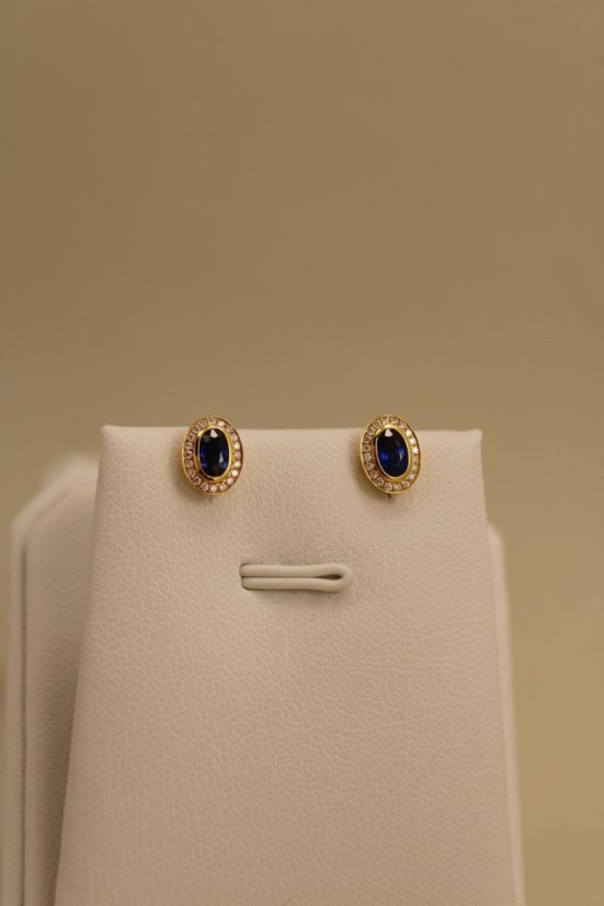 Zafírové - diamantové náušnice - žlté zlato - diamanty 0,10 ct - šrúbky -14K