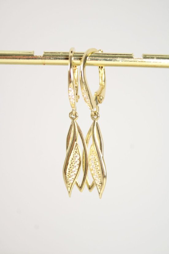 Zlaté visiace náušnice listy, číre zirkóny, žlté zlato, patentové zapínanie, 1,95 g, 14K, 585/1000