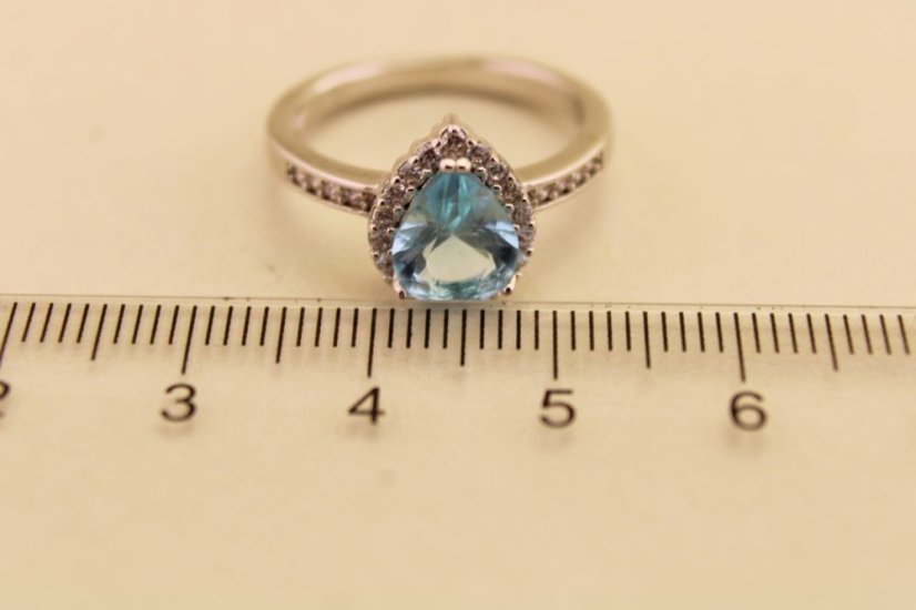Strieborný prsteň slza - Modrý zirkón - 925 - rhodium