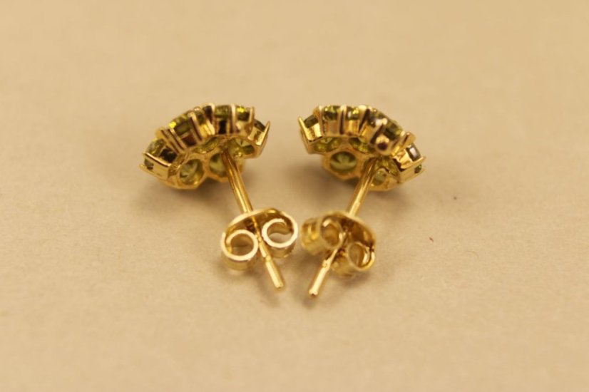 Zlaté náušnice, žlté zlato, zelený zirkón 1,75g 14k 585/1000