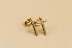 Náušnice- kríž- číry zirkón- napichovačky- žlté zlato- 14 karátov