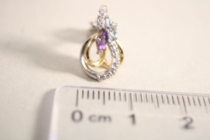 Náušnice-Topásom-Ametyst-číre zirkóny- rhodium-šrubky-kombinované striebro