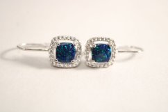 Náušnice- zelenomodrý opál- číre zirkóny- patent- rhódiované striebro