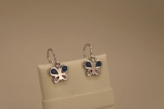 Náušnice - motýľ - číre/modré zirkóny - biele zlato - brizúra -14 karátov