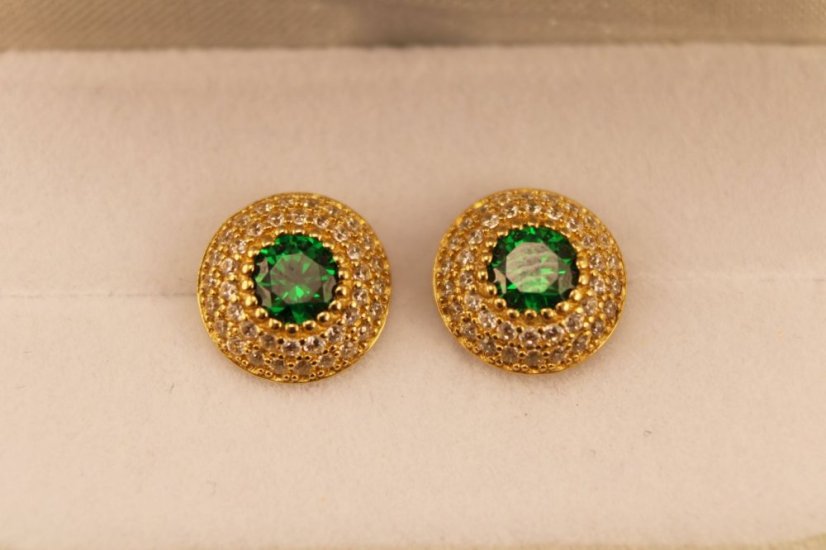 Zlaté náušnice, zelený zirkón a číre ziróny, 2,73g 14k 585/1000