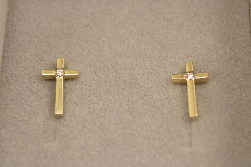 Náušnice- kríž- číry zirkón- napichovačky- žlté zlato- 14 karátov