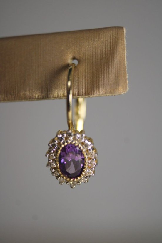 Zlaté naušnice s fialovým zirkónom, žlté zlato, patent, číre zirkóny, 2,68 g, 14K, 585/1000