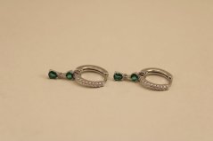 Náušnice - zelené zirkóny - zacvakávacie kruhy - rhodium - striebro