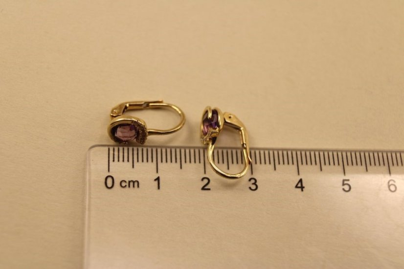 Náušnice - fialový Ametyst - číre zirkóny - patent - žlté zlato - 14K