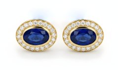 Zafírové - diamantové náušnice - žlté zlato - diamanty 0,10 ct - šrúbky -14K