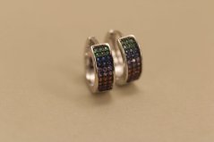 Náušnice - kruhy - farebné zirkóny - zacvakávacie - rhodiované striebro