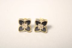 Náušnice- kvety-onyx-zirkón-žlté zlato-puzetky-14 karátov